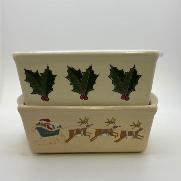 Nantucket Christmas Santa Sleigh Reindeer and Holly Berry Mini Loaf Oven Safe - Picture 1 of 15